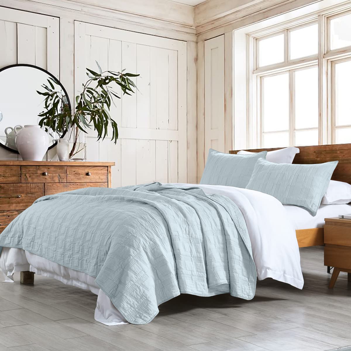 HORIMOTE HOME Baby Blue Pre-Washed 100% Cotton Queen Size Quilt Set, Cozy Lightweight Stitching OEKO-TEX Bedding Cover w