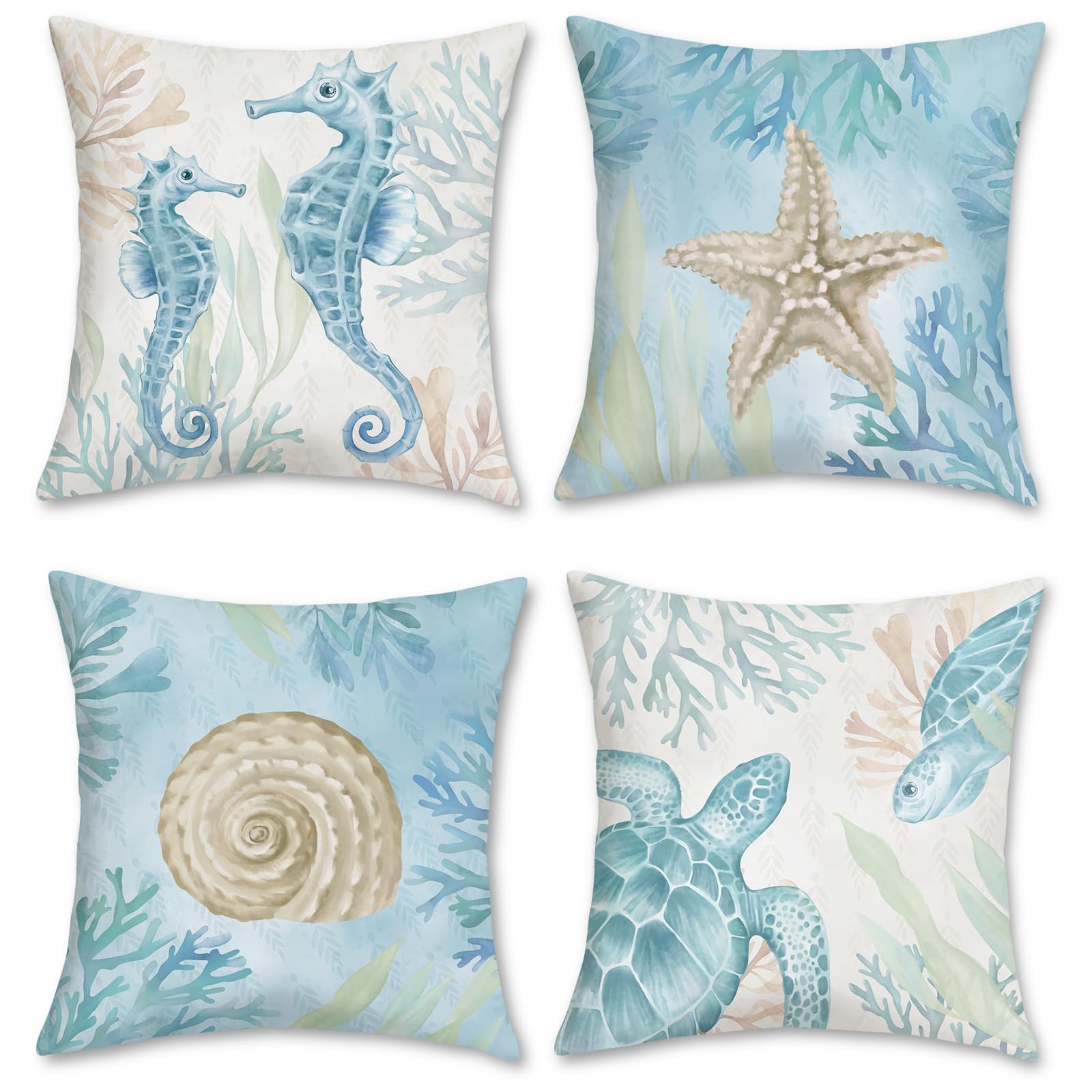 Bonhause Ocean Beach Throw Pillow Covers for Outdoor Home Decor Set of 4 Coastal Seahorse Turtle Starfish Velvet Cushion