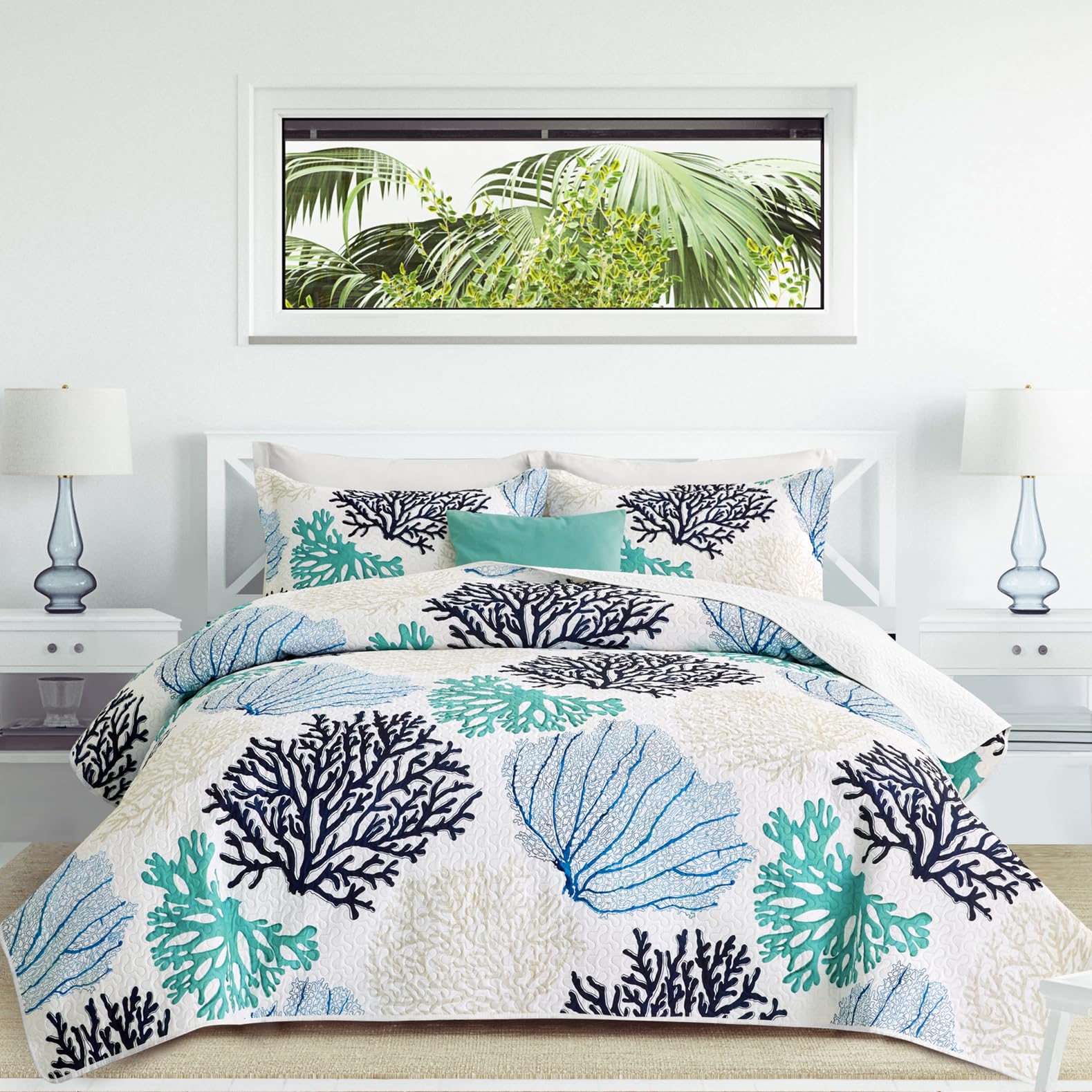 Coastal Blue Teal Coral Reversible Quilt Set for Full/Queen Size Bed
| Lightweight Microfiber Ocean Themed Bedding for