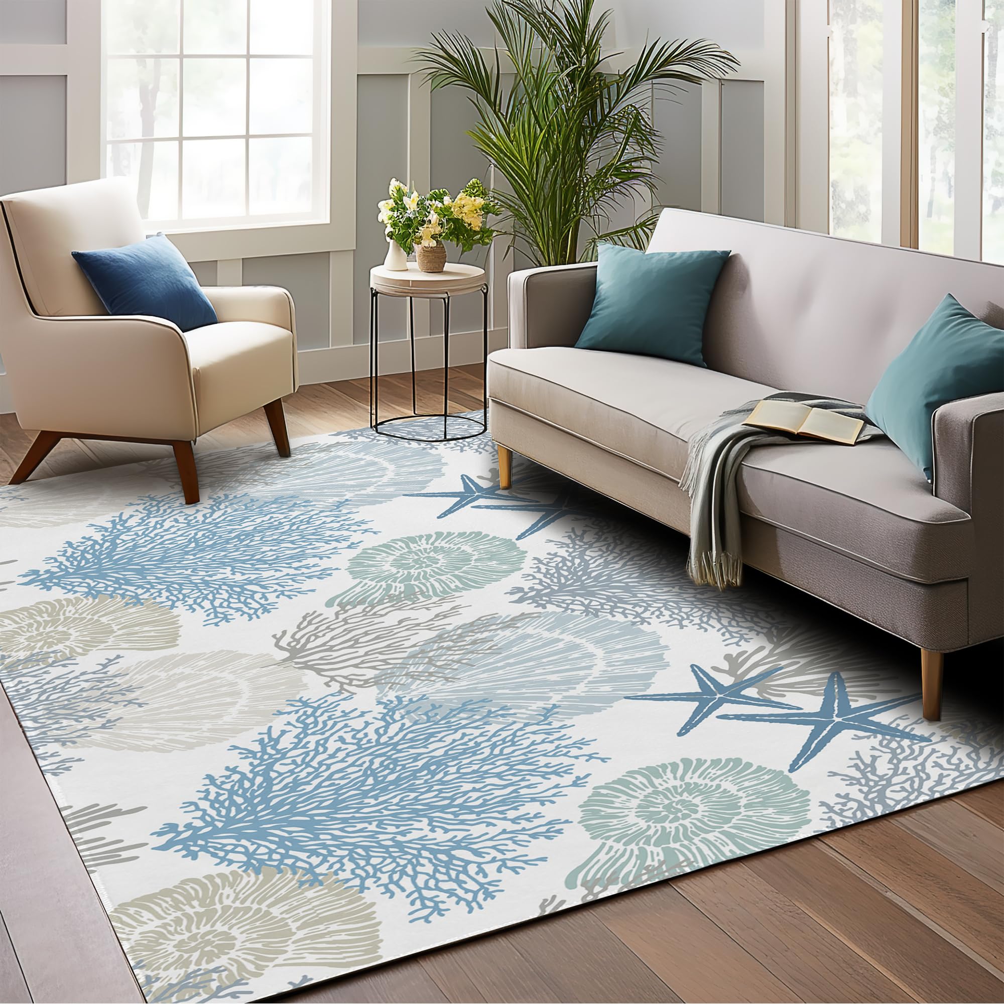 Coastal Beach 5x7 Area Rugs for Living Room - Washable Non-Slip Shell Starfish Coral Floor Mat
Coastal Beach 5x7 Area Ru