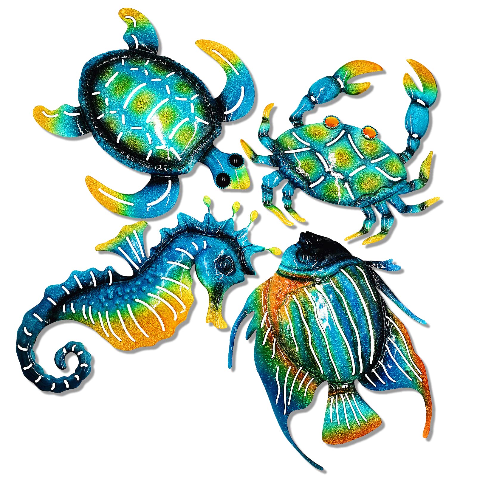 Blue Turtle Fish Crab and Seahorse Metal Outdoor Wall Art Decor Suitable for Beach Ocean Pool and Yard Fence Garden Wall