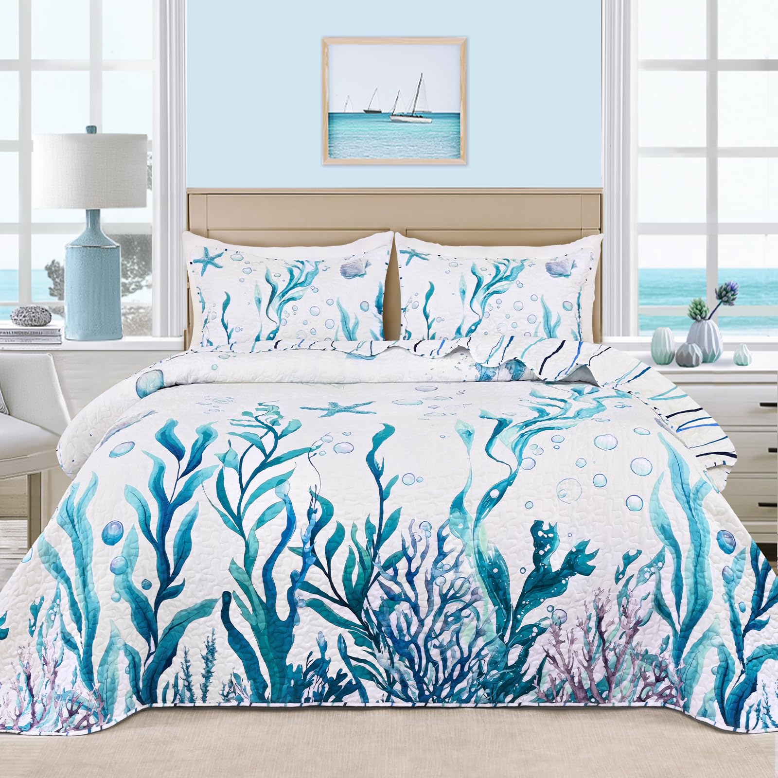 Invoibler Coastal Quilt Queen Size Beach Quilt Bedding Set for Summer Ocean Lover (1 Quilt, 2 Pillow Shams)  
Invoibler