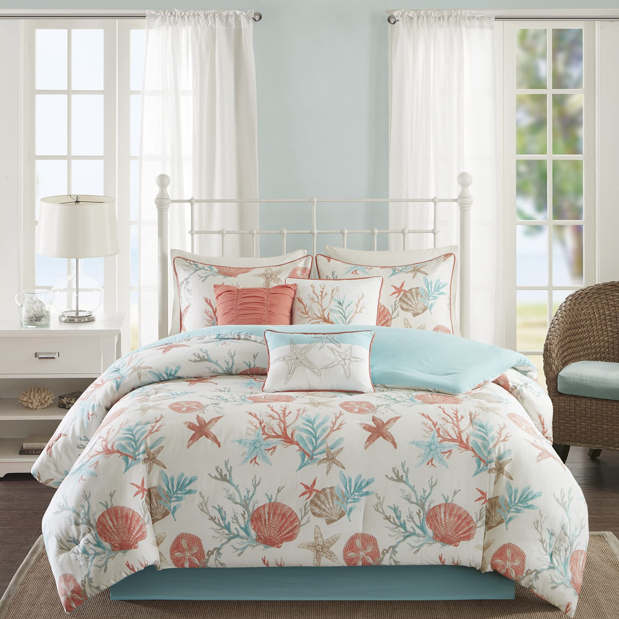 Madison Park Coastal Coral Comforter Set - Queen Teal Down Alternative Cozy Bedding with Shams and Pillows