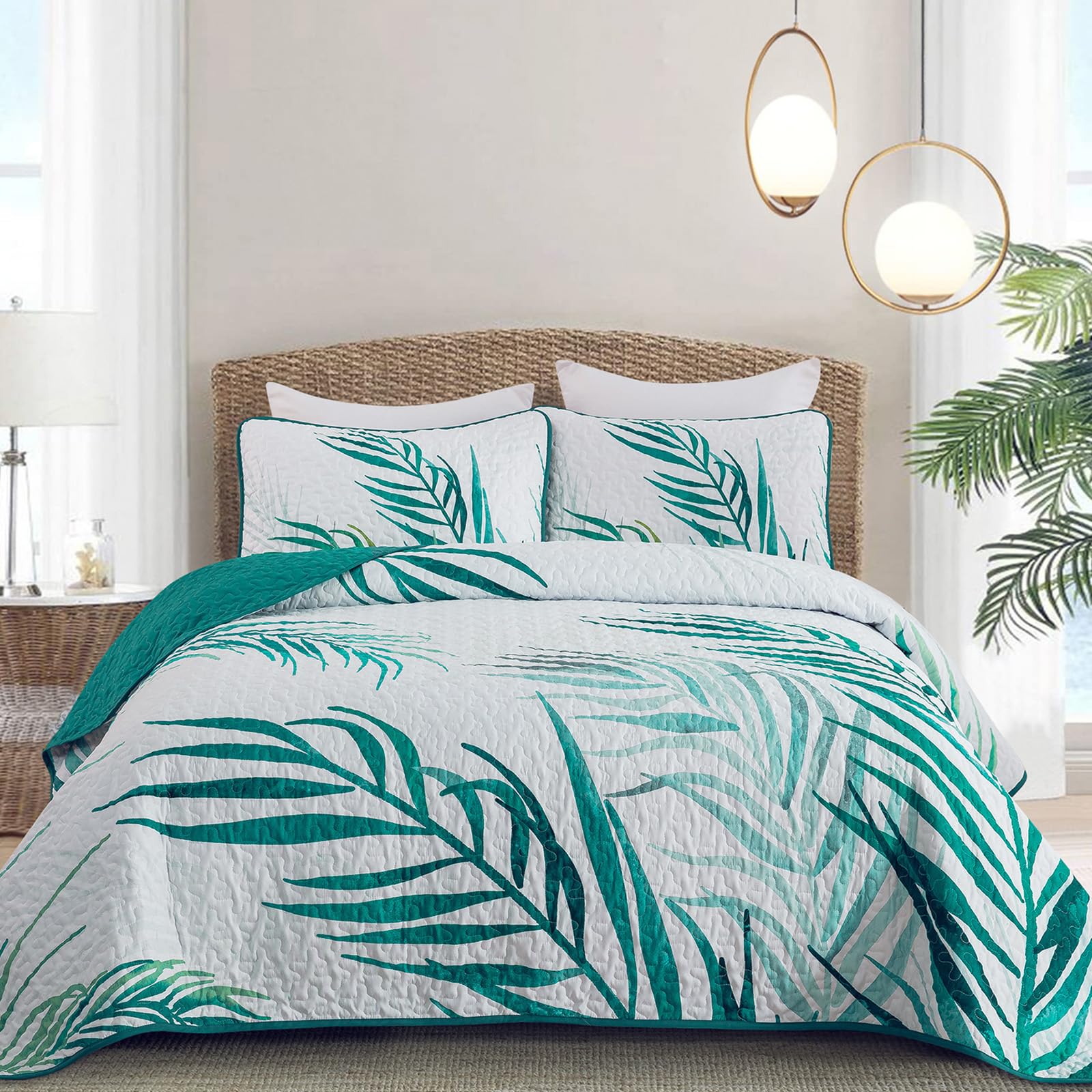 Aqua Tropical Coastal Botanical Queen Size Quilt Set with Pillowcases for All Season (96"x 90")