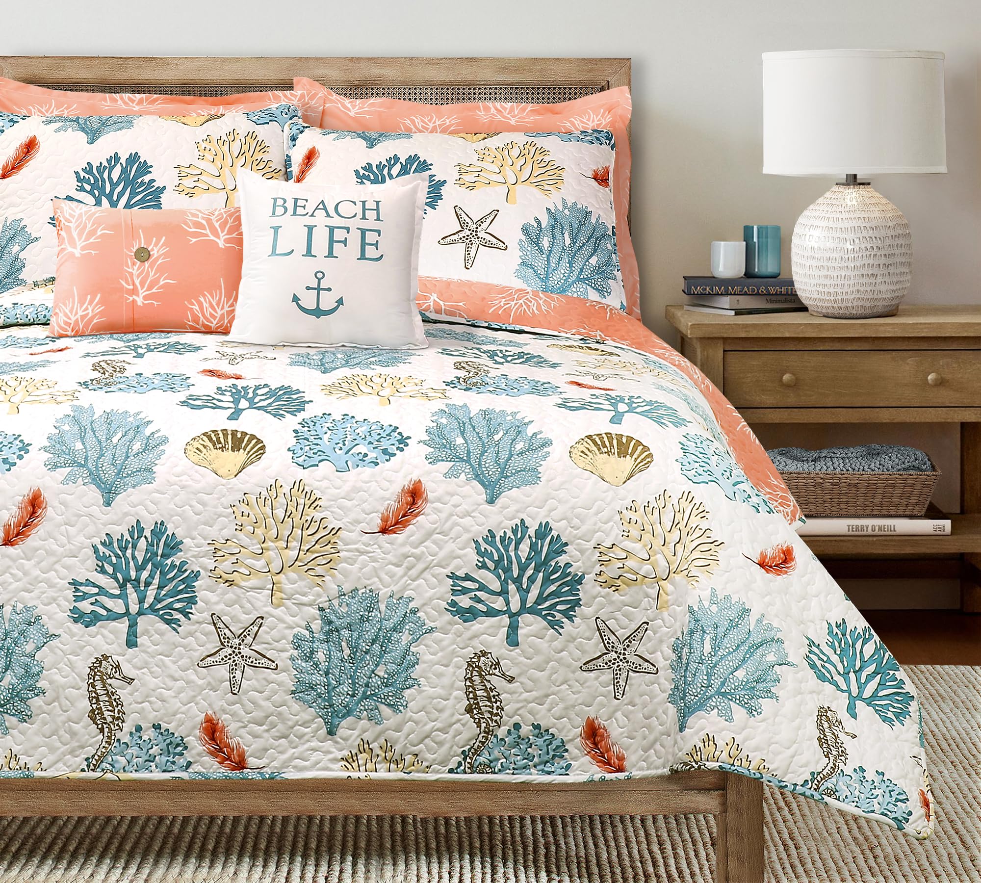 Lush Decor Coastal Reef Feather Reversible Quilt Set Queen Bedding Set Quilted Blue & Coral Beach House Beachy Room Full