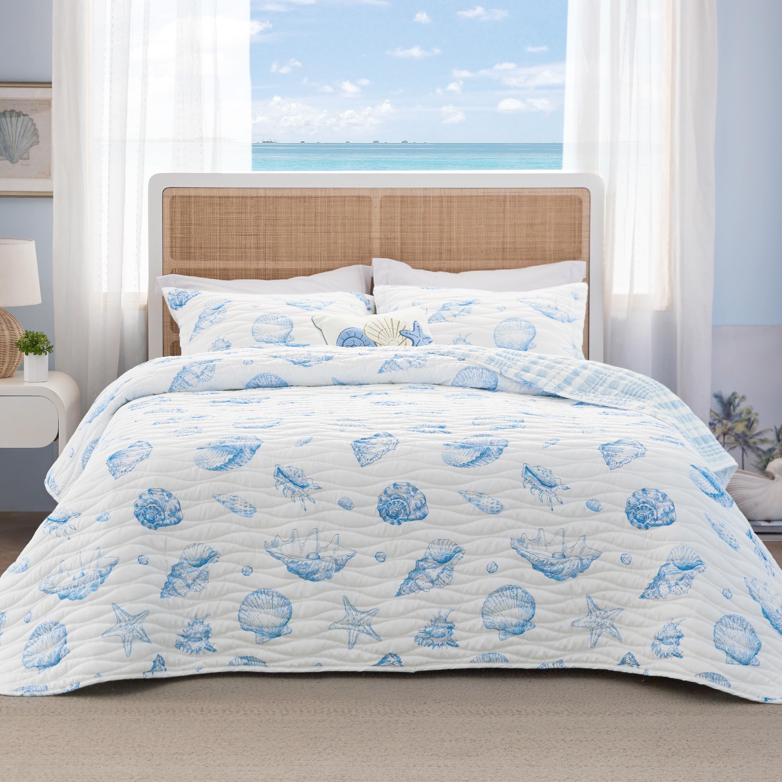 Bedsure Coastal Quilt Bedding Set - Queen Size Reversible Summer Beach Quilt Bedding Set (90"x96")