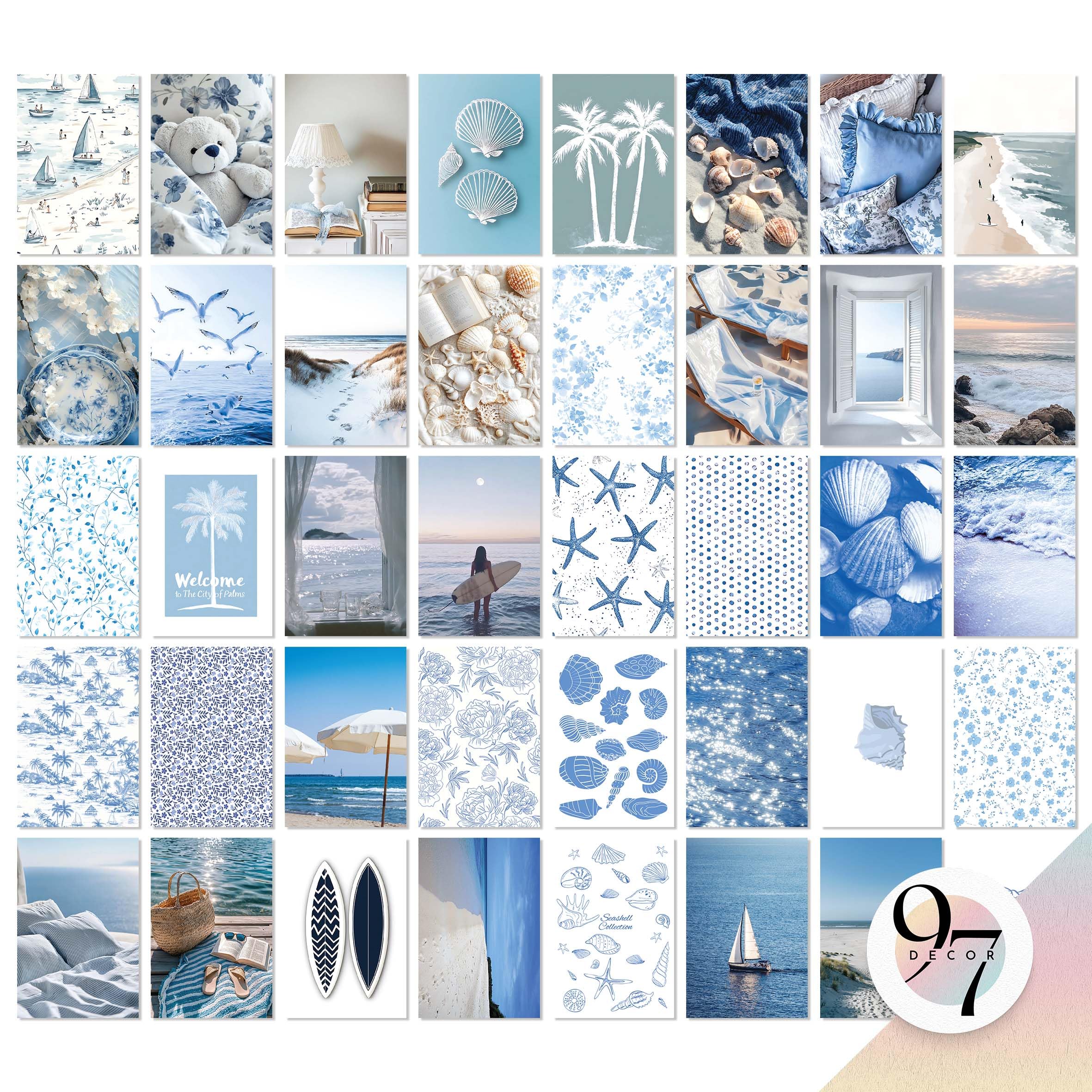 97 Decor Coastal Wall Art: 40 Pcs Blue Ocean Art Prints for Beachy Bedroom Decor (4x6)