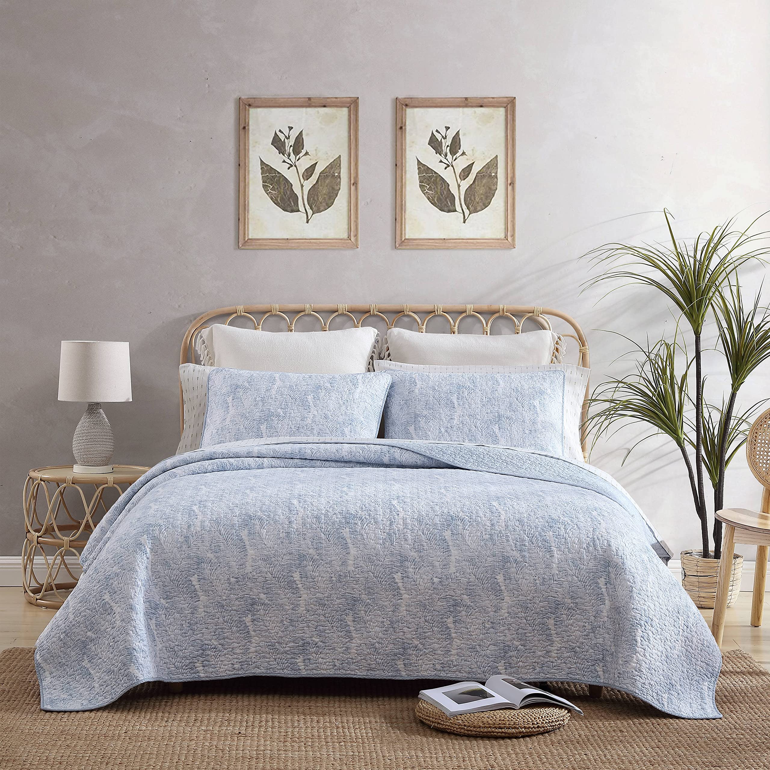 Tommy Bahama Queen Quilt Set for Coastal Living with Reversible Design and Matching Shams (Distressed Water Leaves Blue,